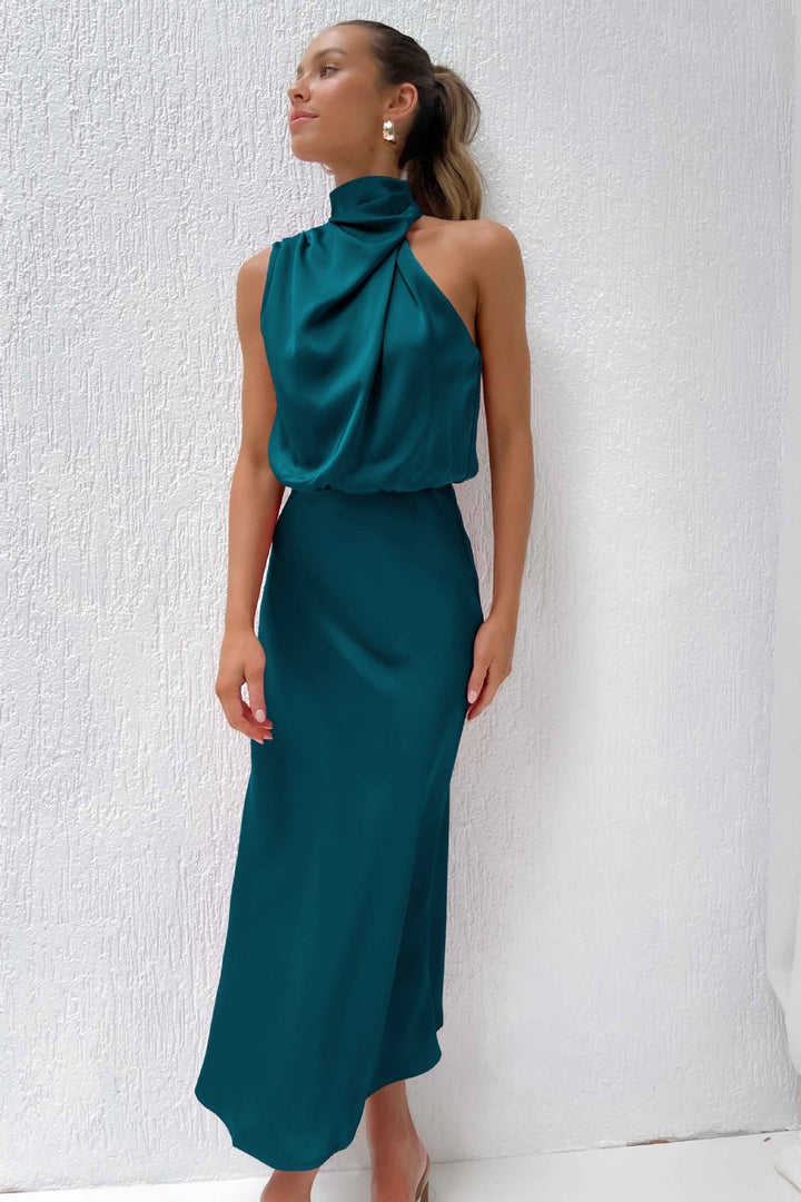 Vienna | Wedding Guest Satin Halter Midi Dress