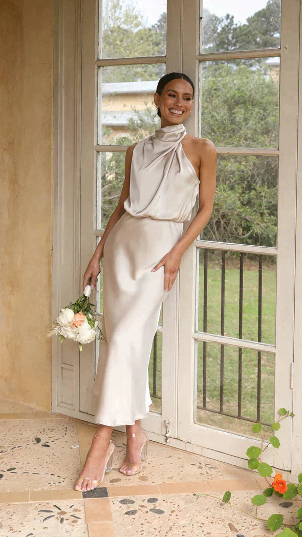 Emma | Wedding Guest Satin High Neck Midi Dress