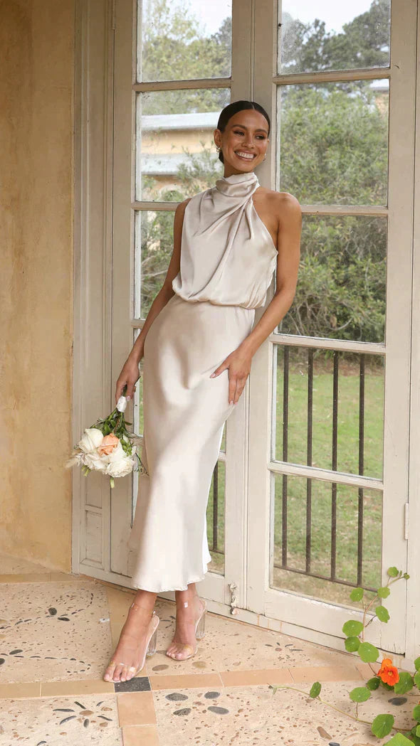 Alessia | Elegant Satin Halterneck Maxi Dress