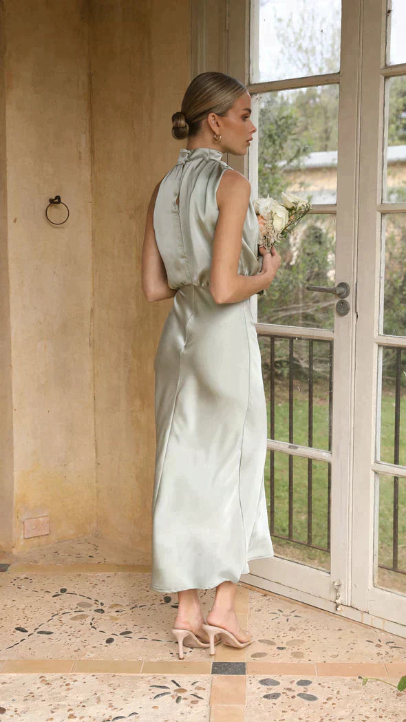 Emma | Wedding Guest Satin High Neck Midi Dress