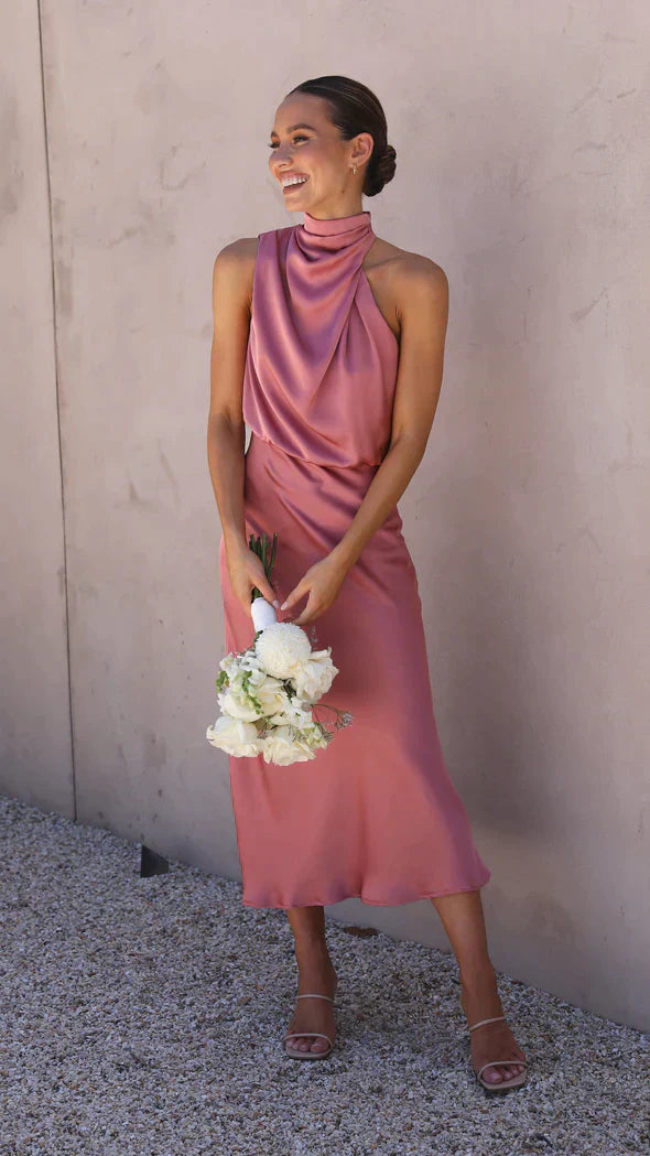 Emma | Wedding Guest Satin High Neck Midi Dress