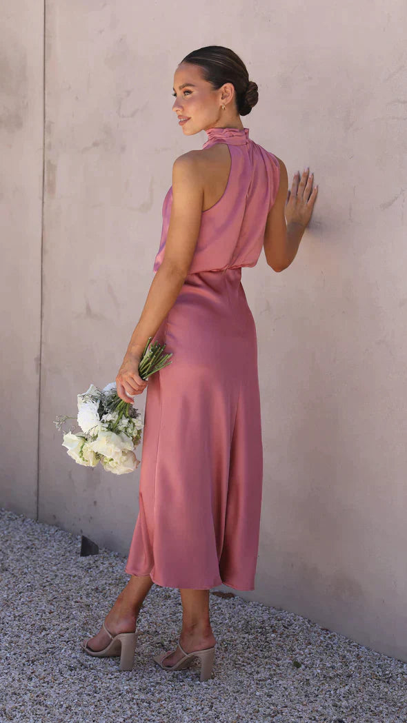Emma | Wedding Guest Satin High Neck Midi Dress