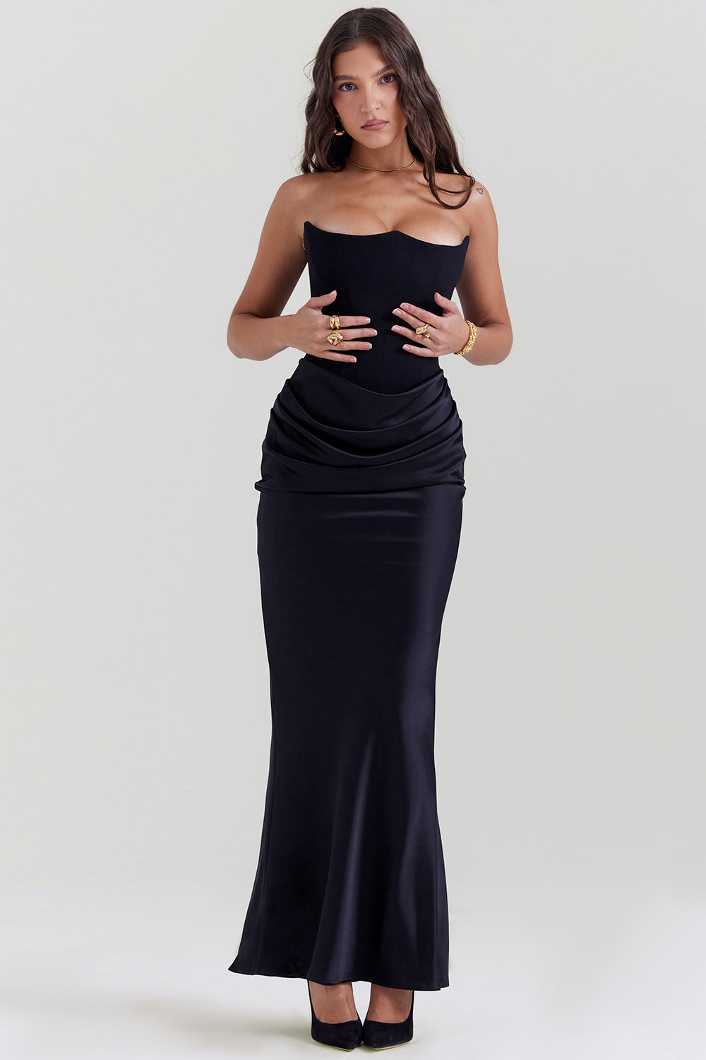 Audrey | Wedding Guest Strapless Satin Maxi Dress