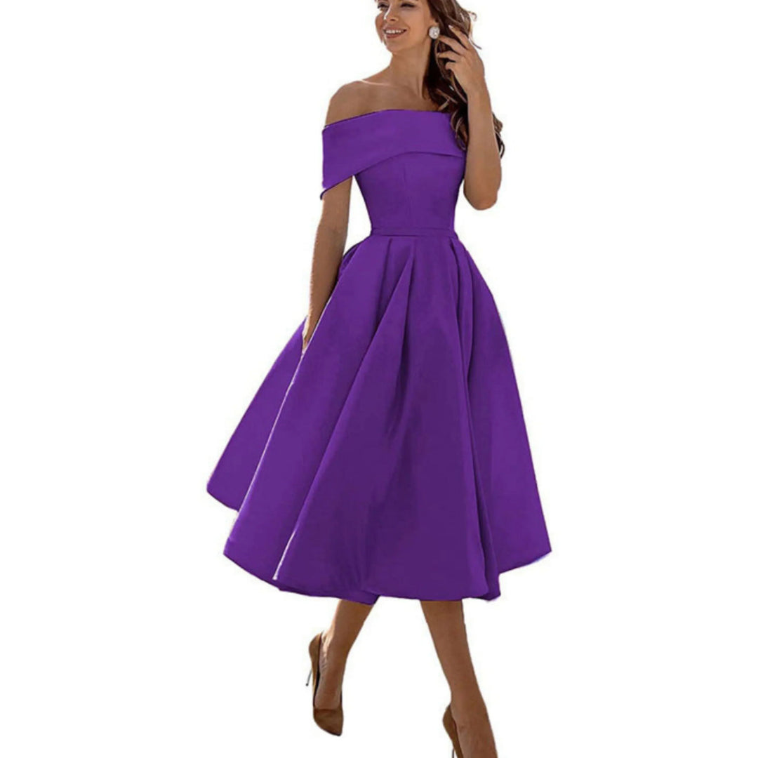 Anissa | Elegant Off Shoulder Evening Midi Dress