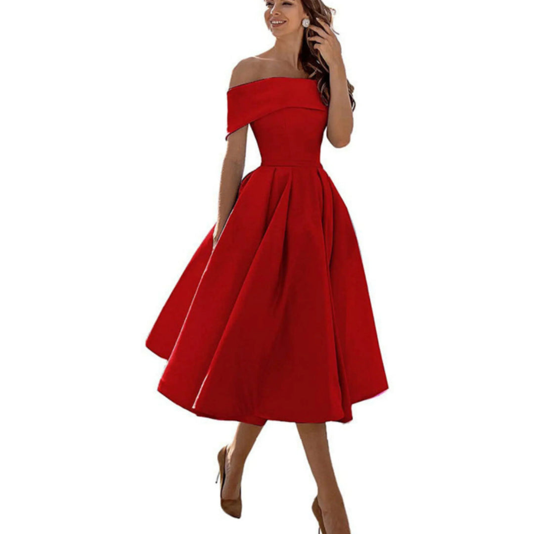 Anissa | Elegant Off Shoulder Evening Midi Dress