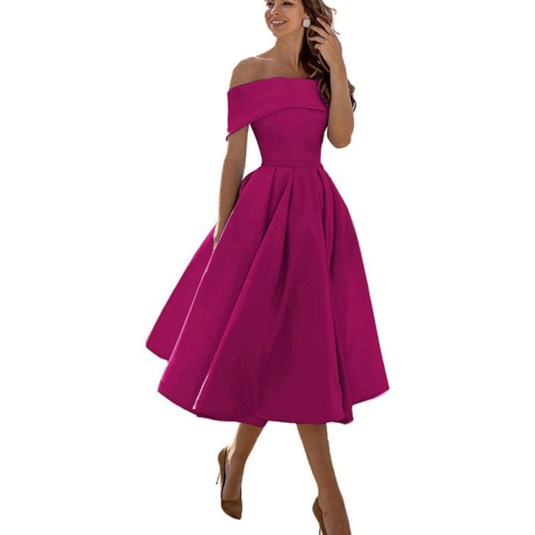 Anissa | Elegant Off Shoulder Evening Midi Dress