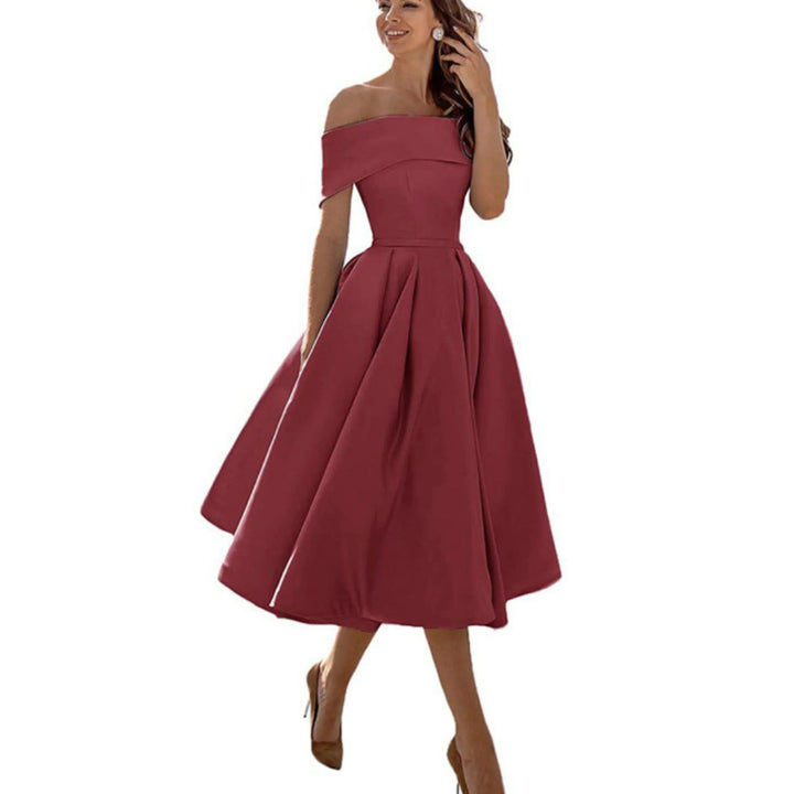 Anissa | Elegant Off Shoulder Evening Midi Dress
