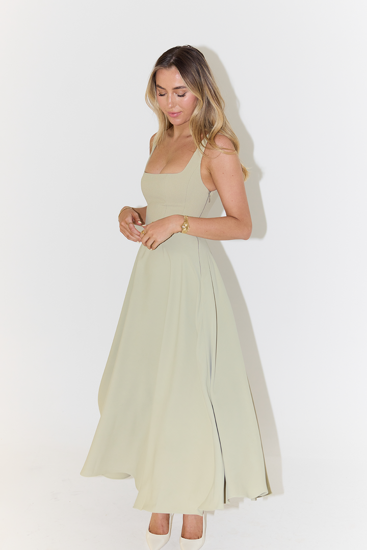 Clara | Wedding Guest Square Neck A Line Midi Dress