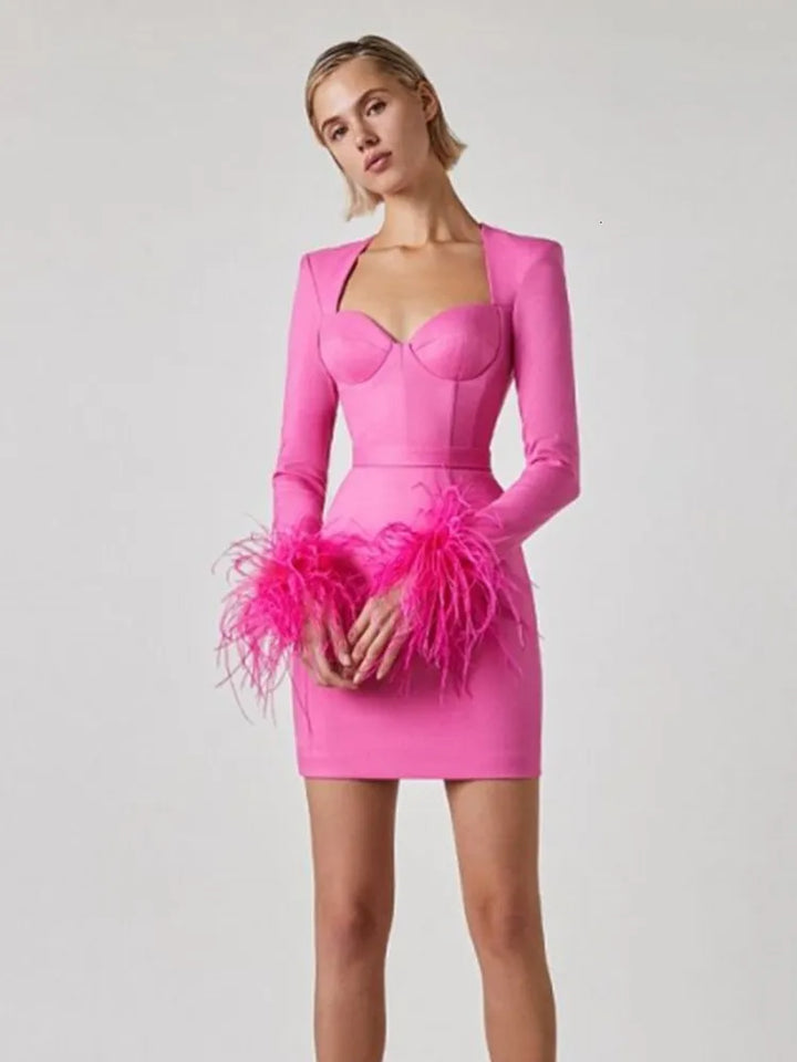 Celeste | Feather Cuff Corset Mini Dress