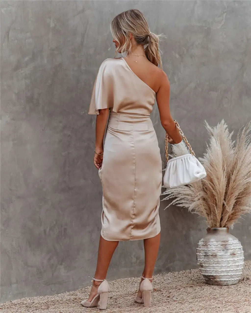Sophia | Wedding Guest One Shoulder Satin Midi Dress