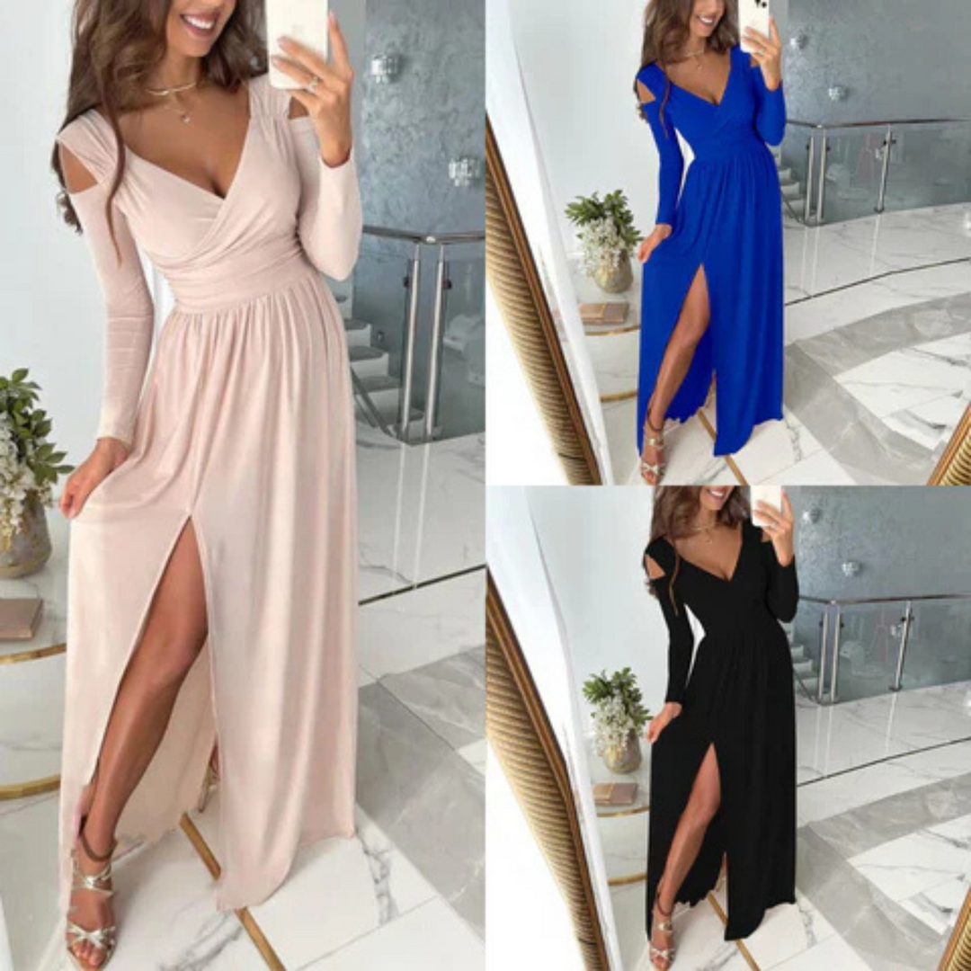 Amelia | Wedding Guest Long Sleeve High Split Maxi Dress