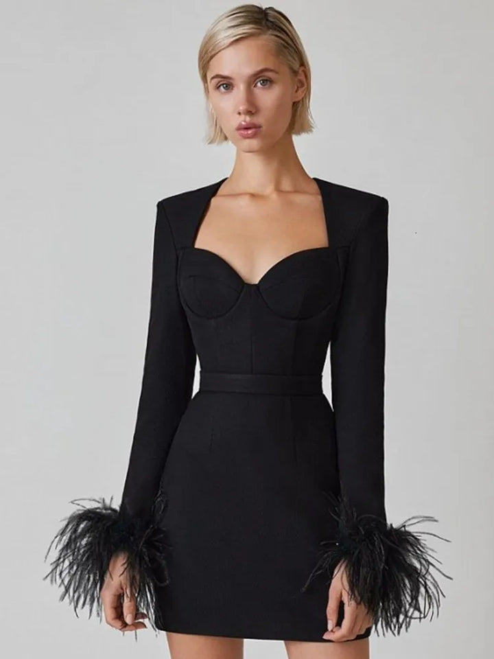Celeste | Feather Cuff Corset Mini Dress