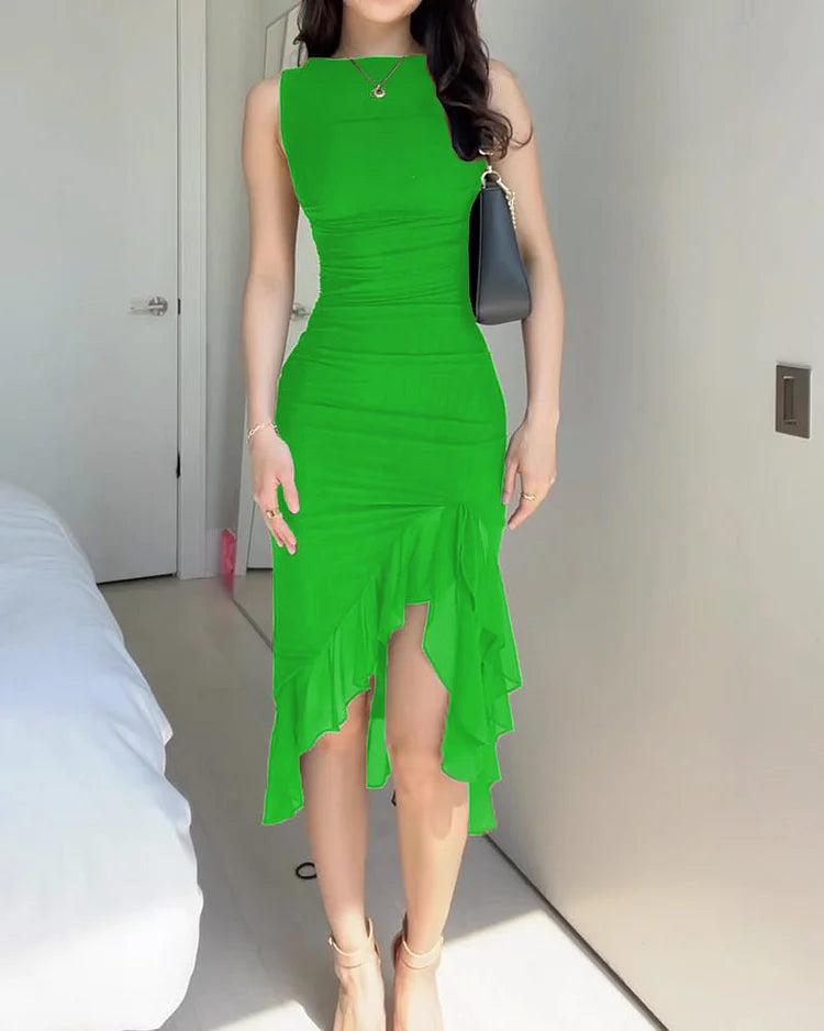 Serena | Wedding Guest Ruched Ruffle Hem Midi Dress