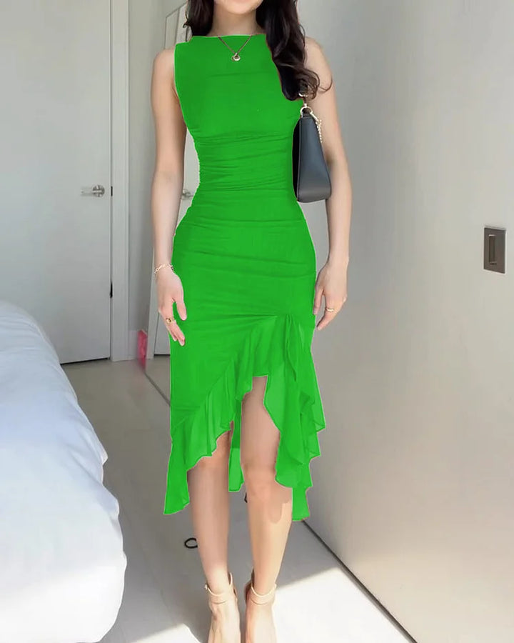 Serena | Wedding Guest Ruched Ruffle Hem Midi Dress