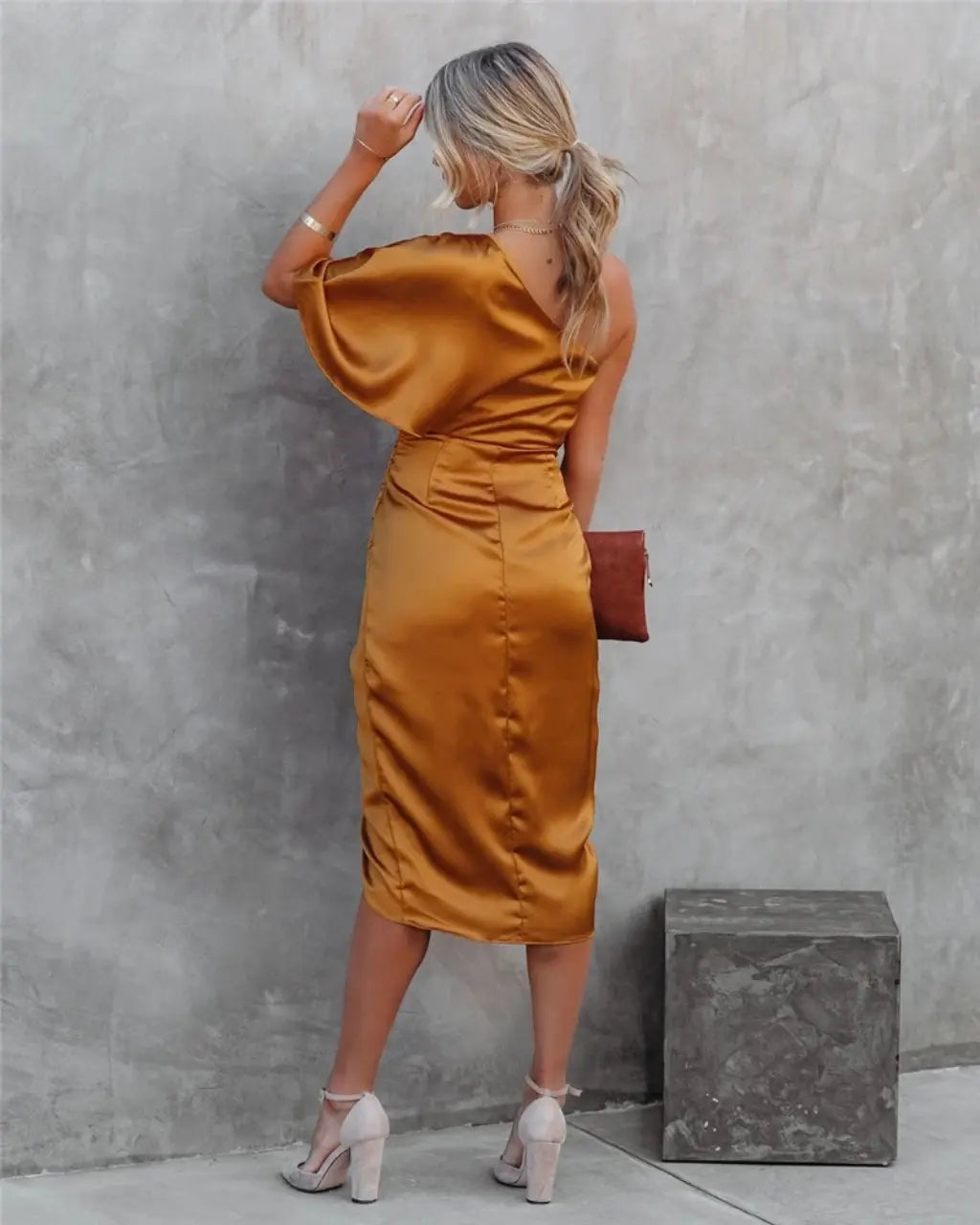 Sophia | Wedding Guest One Shoulder Satin Midi Dress