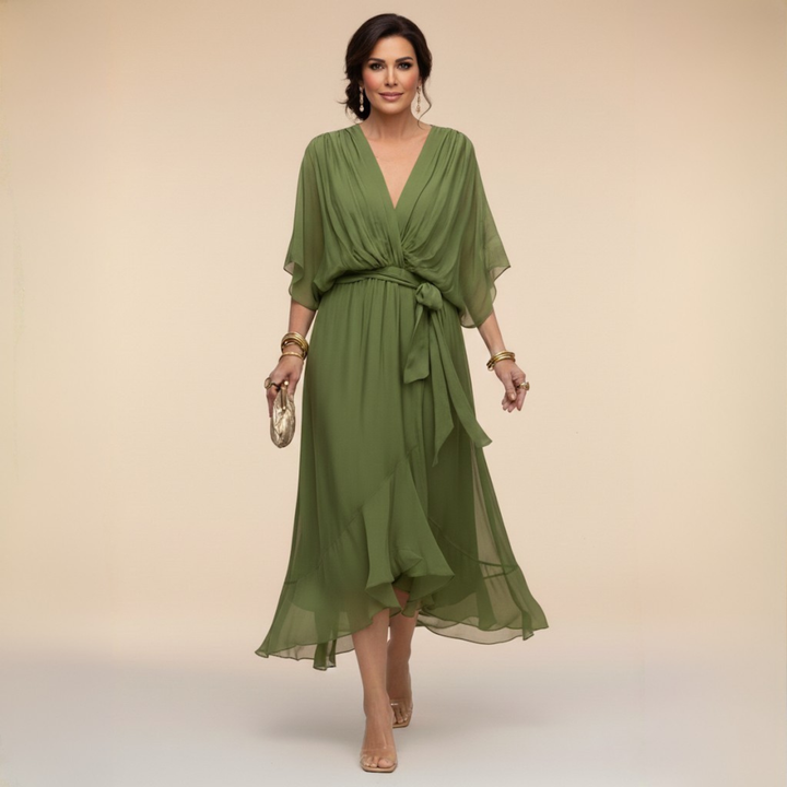 Adora | Flutter Sleeve Tie Waist Midi Dress