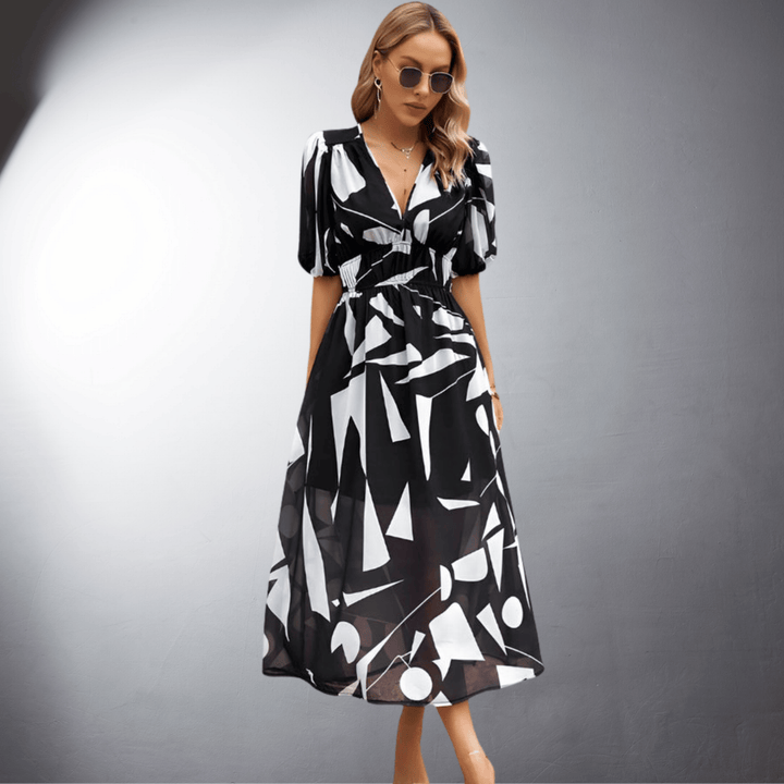 Aveline | Floral Puff Sleeve Evening Midi Dress