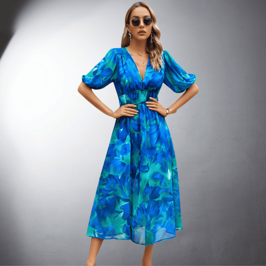 Aveline | Floral Puff Sleeve Evening Midi Dress
