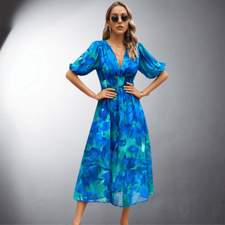 Aveline | Floral Puff Sleeve Evening Midi Dress
