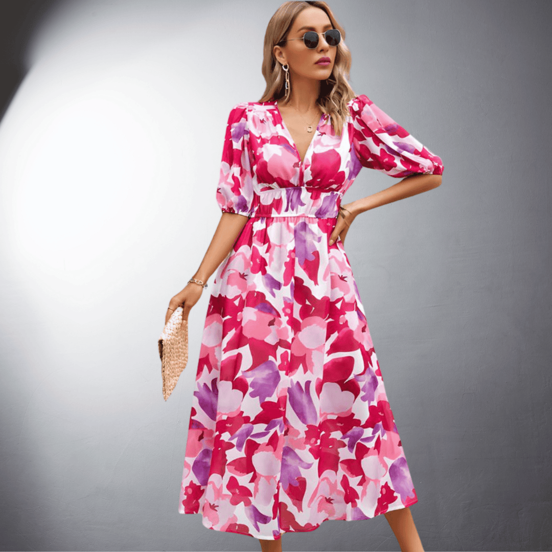 Aveline | Floral Puff Sleeve Evening Midi Dress