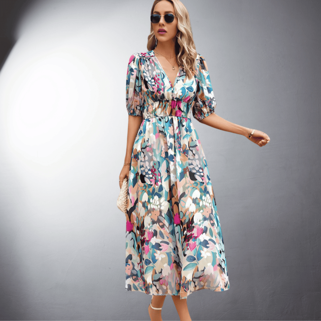 Aveline | Floral Puff Sleeve Evening Midi Dress