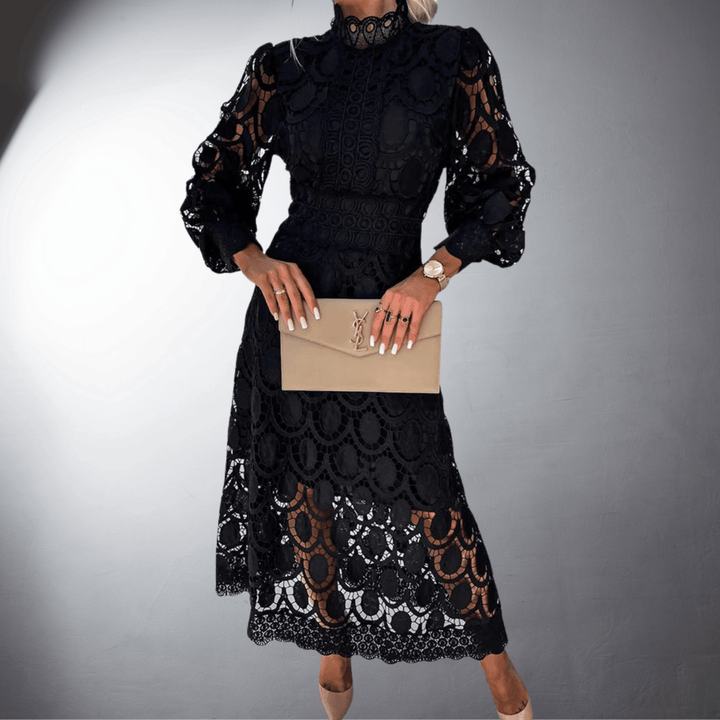 Camellia | Wedding Guest High Neck Lace Midi Dress