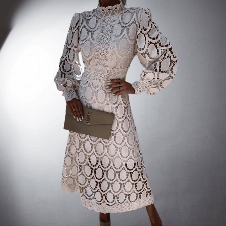 Camellia | Wedding Guest High Neck Lace Midi Dress