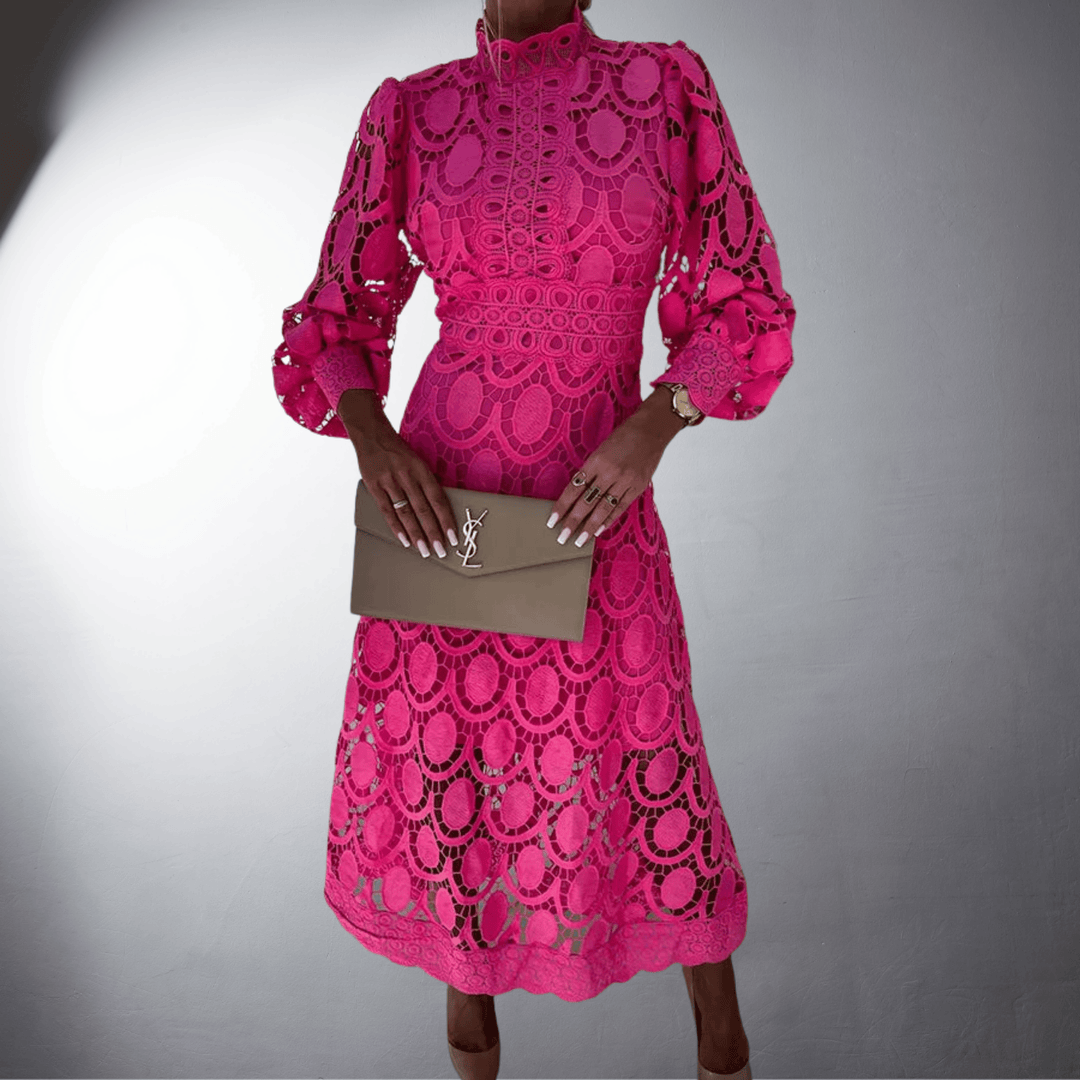 Camellia | Wedding Guest High Neck Lace Midi Dress