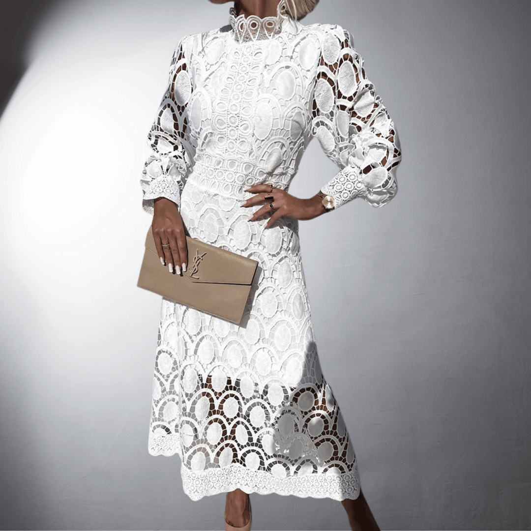 Camellia | Wedding Guest High Neck Lace Midi Dress