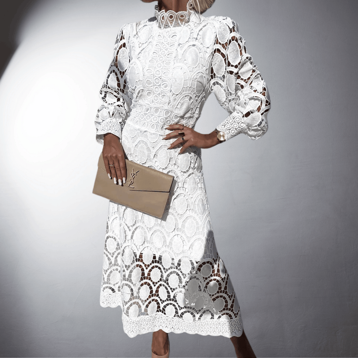 Camellia | Wedding Guest High Neck Lace Midi Dress