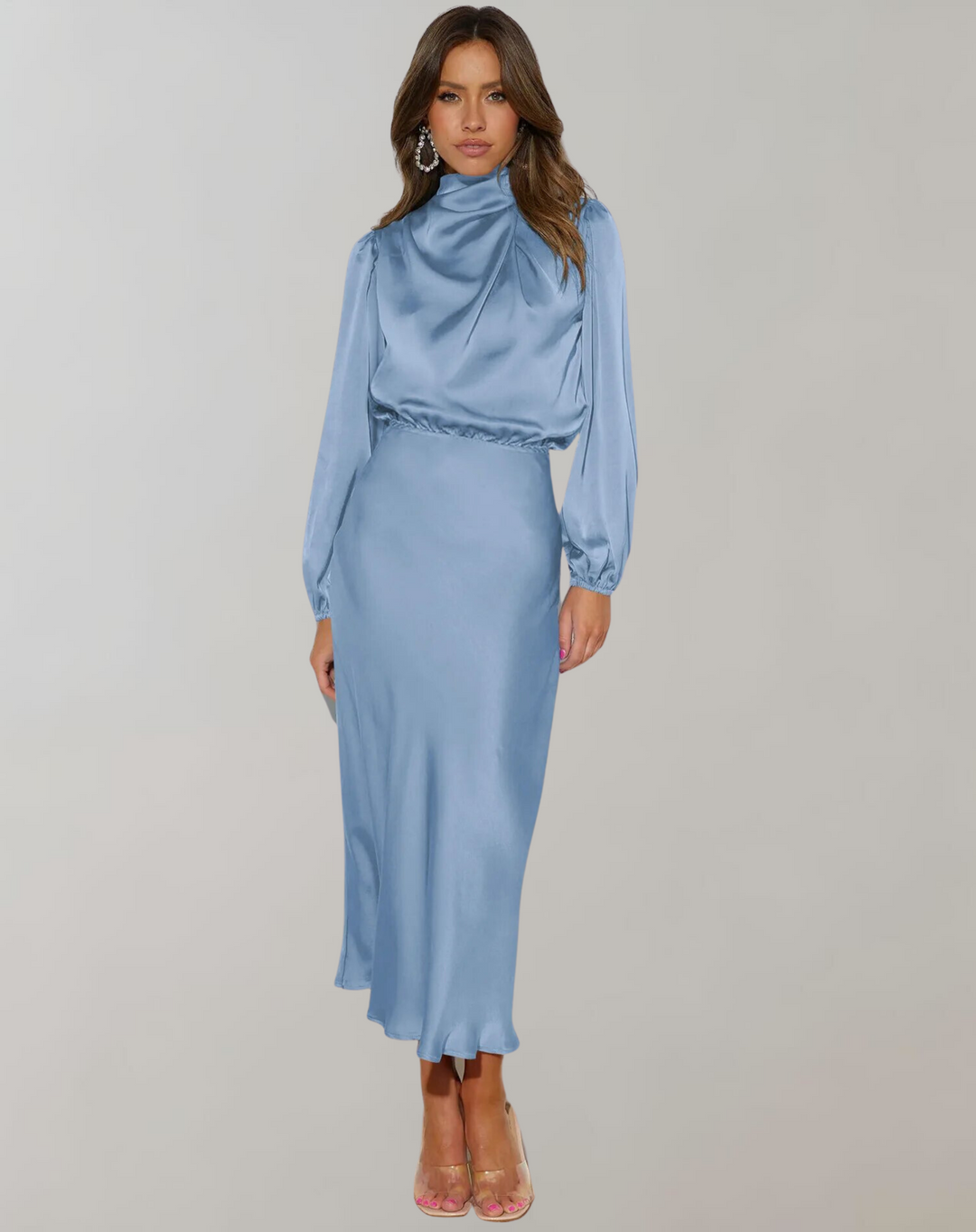Maria | Wedding Guest Long Sleeve Satin Midi Dress