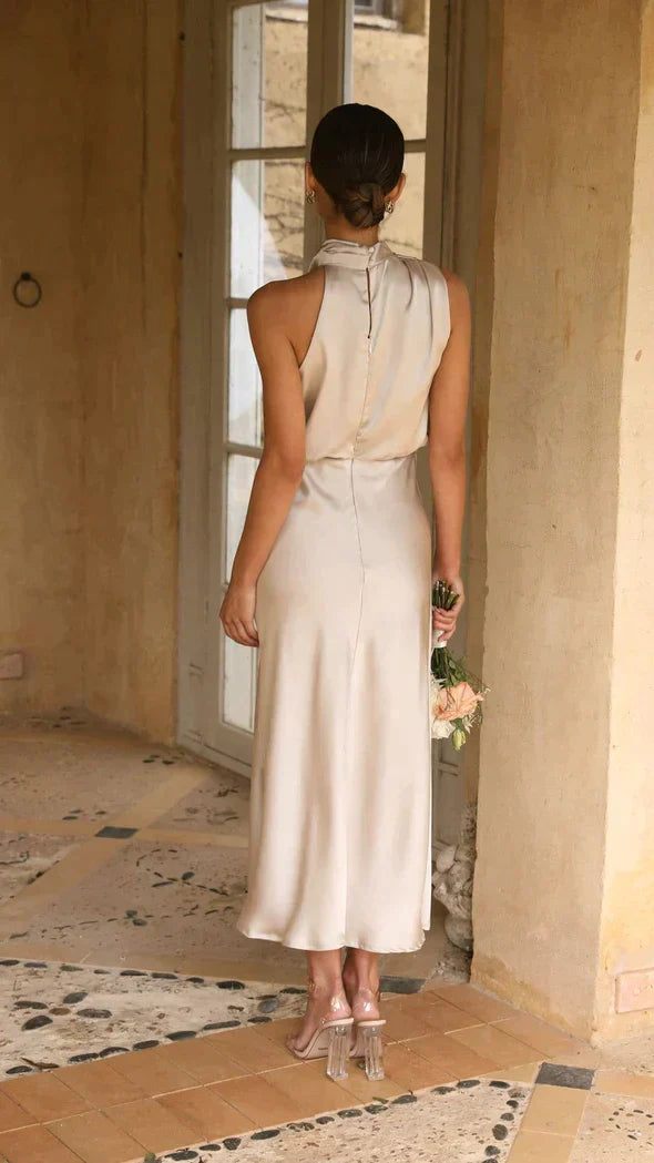 Emma | Wedding Guest Satin High Neck Midi Dress