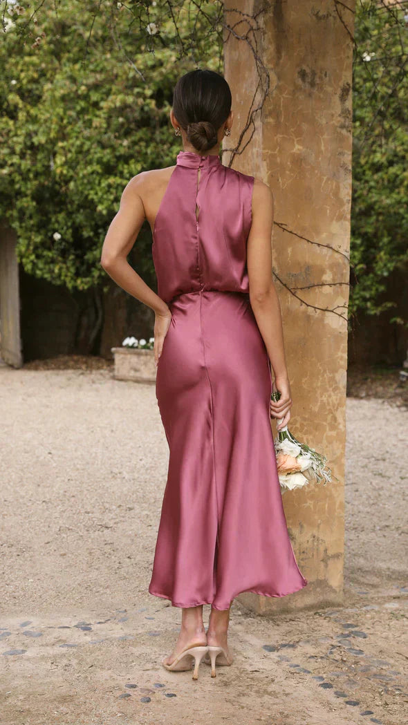 Alessia | Elegant Satin Halterneck Maxi Dress