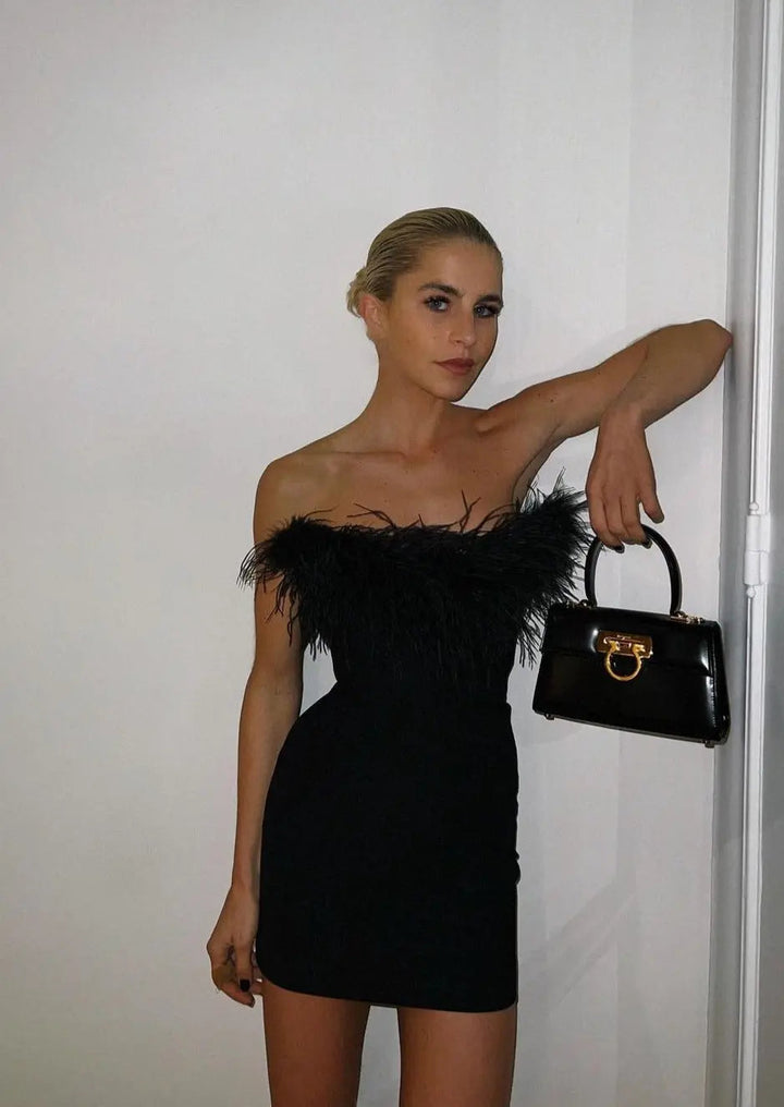 Anika | Feather Trim Strapless Mini Dress