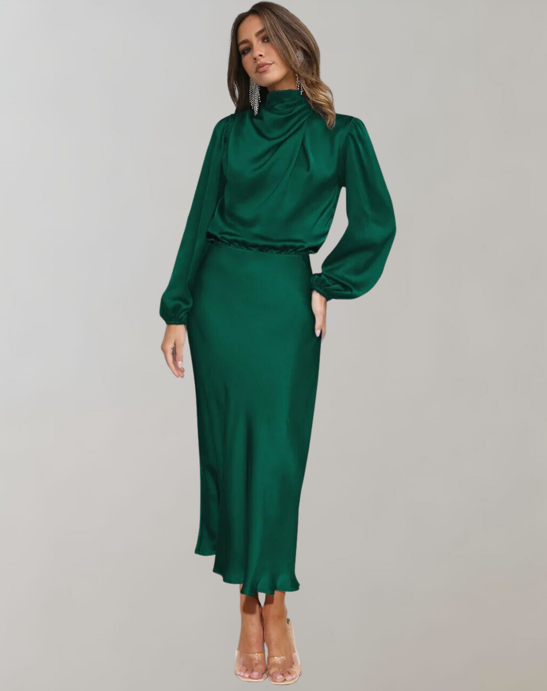Maria | Wedding Guest Long Sleeve Satin Midi Dress