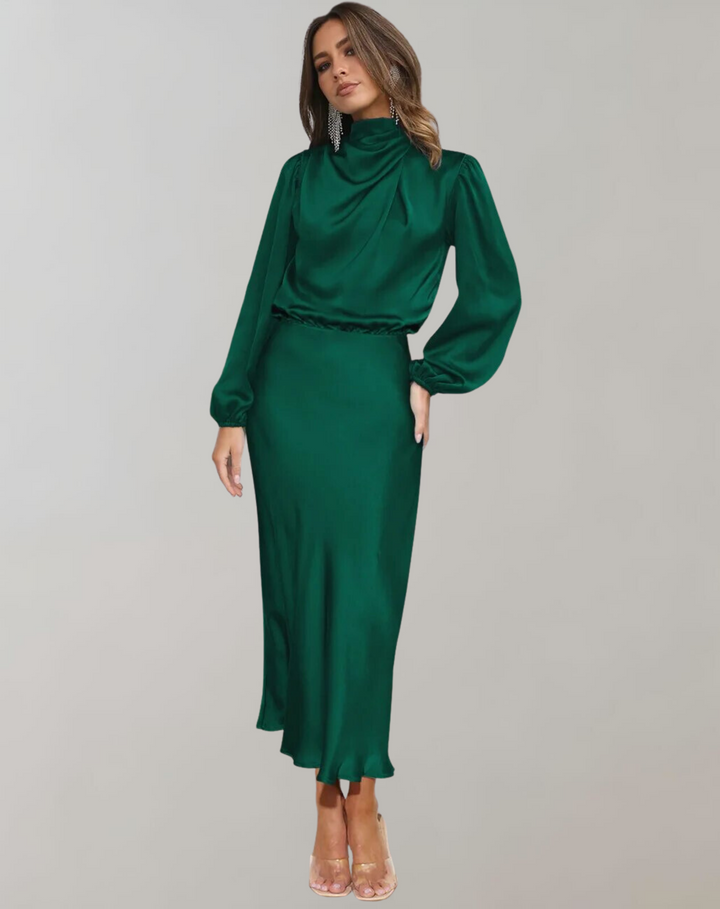 Maria | Wedding Guest Long Sleeve Satin Midi Dress