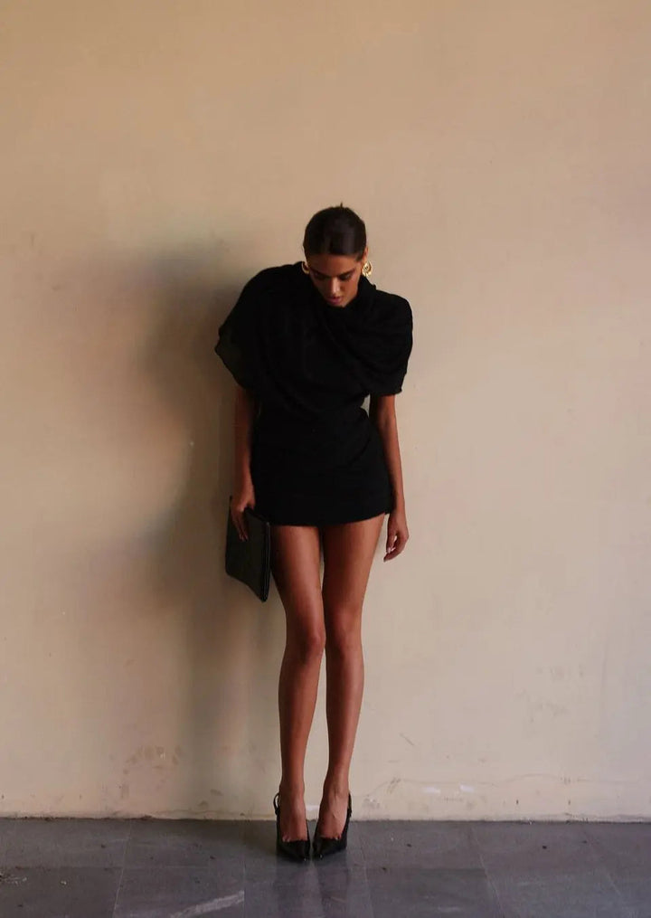 Noemi | Wedding Guest Draped High Neck Mini Dress