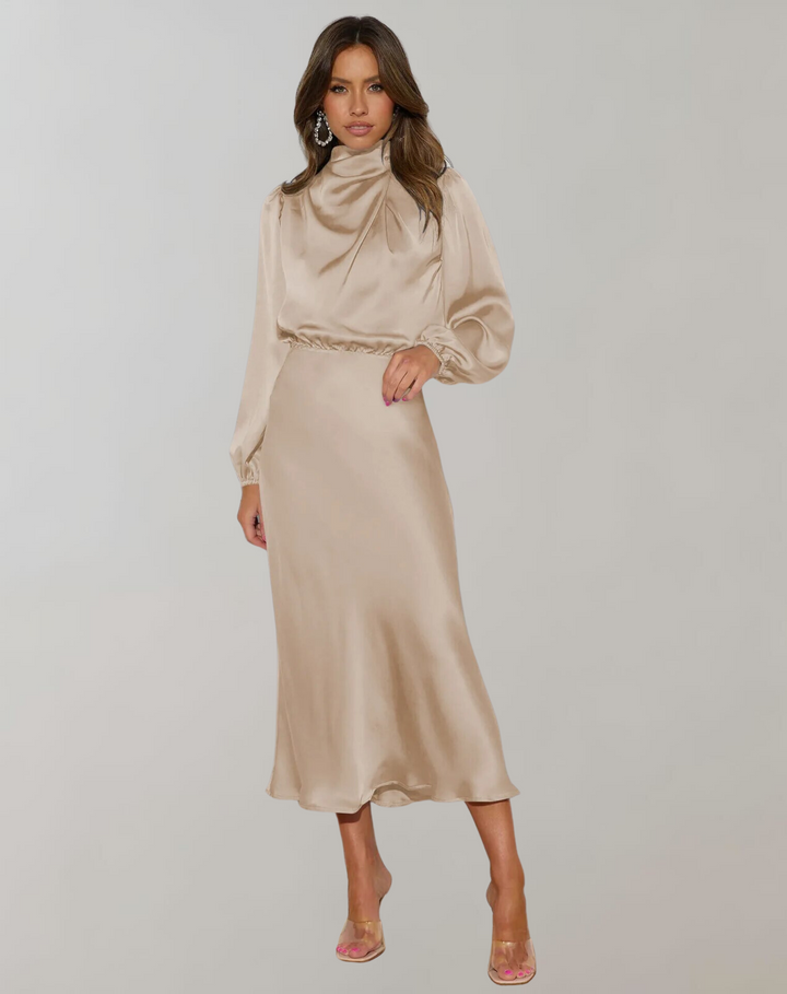 Maria | Wedding Guest Long Sleeve Satin Midi Dress