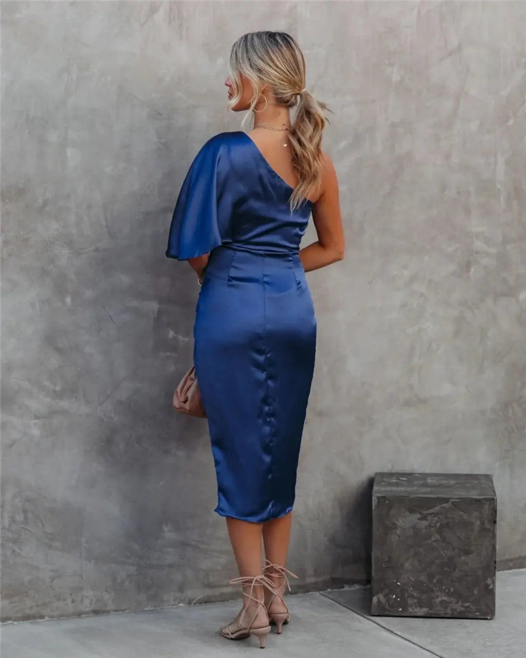Sophia | Wedding Guest One Shoulder Satin Midi Dress