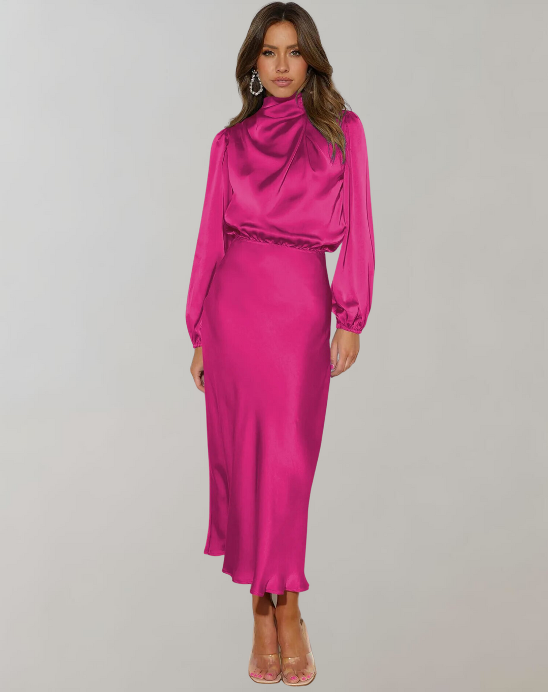 Maria | Wedding Guest Long Sleeve Satin Midi Dress