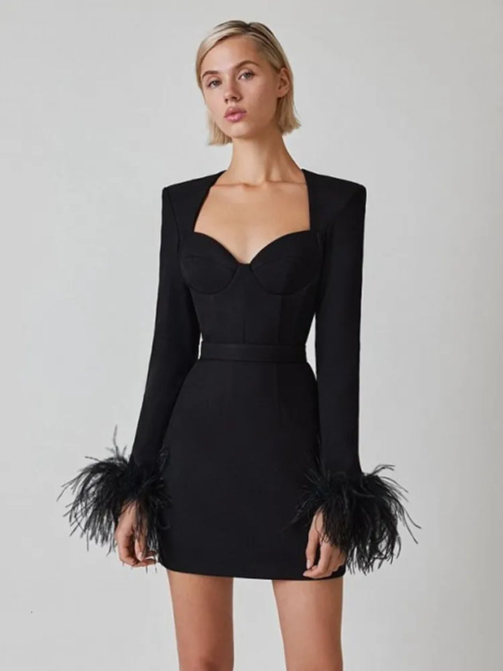 Celeste | Feather Cuff Corset Mini Dress
