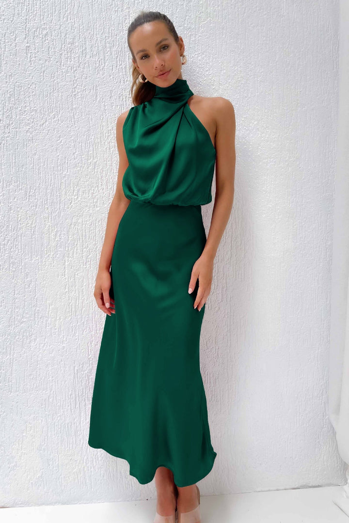 Vienna | Wedding Guest Satin Halter Midi Dress