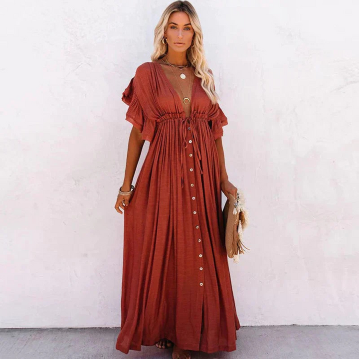 Celeste | Flutter Sleeve Button Front Maxi Dress