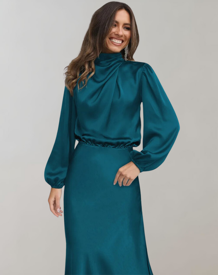 Maria | Wedding Guest Long Sleeve Satin Midi Dress