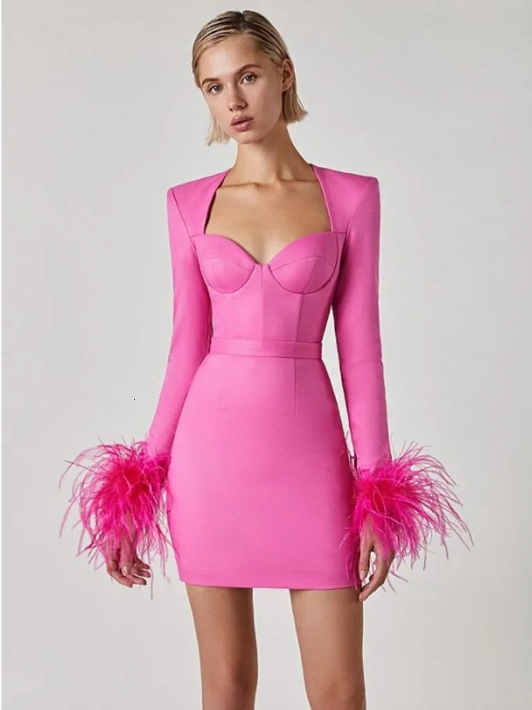 Celeste | Feather Cuff Corset Mini Dress