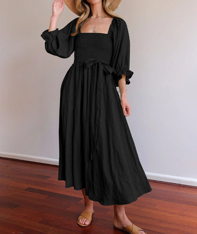 Emma | Boho Tie Waist Square Neck Maxi Dress