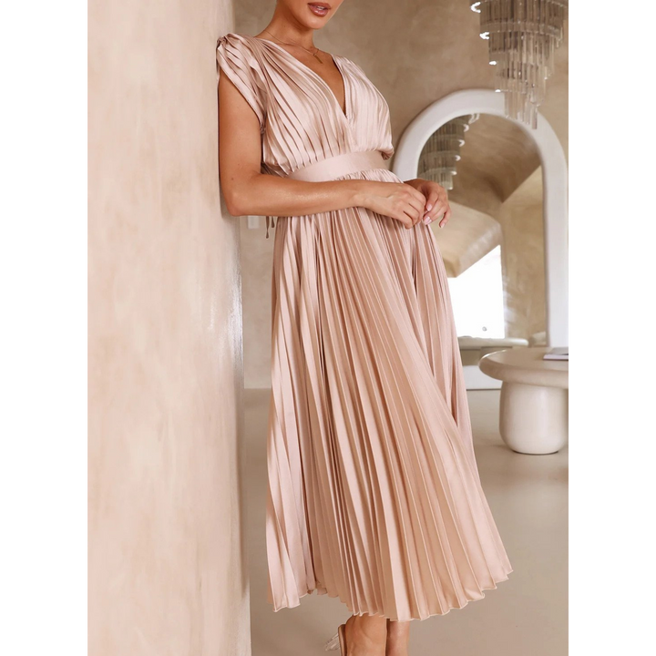 Isabella | Wedding Guest Pleated V Neck Midi Dress