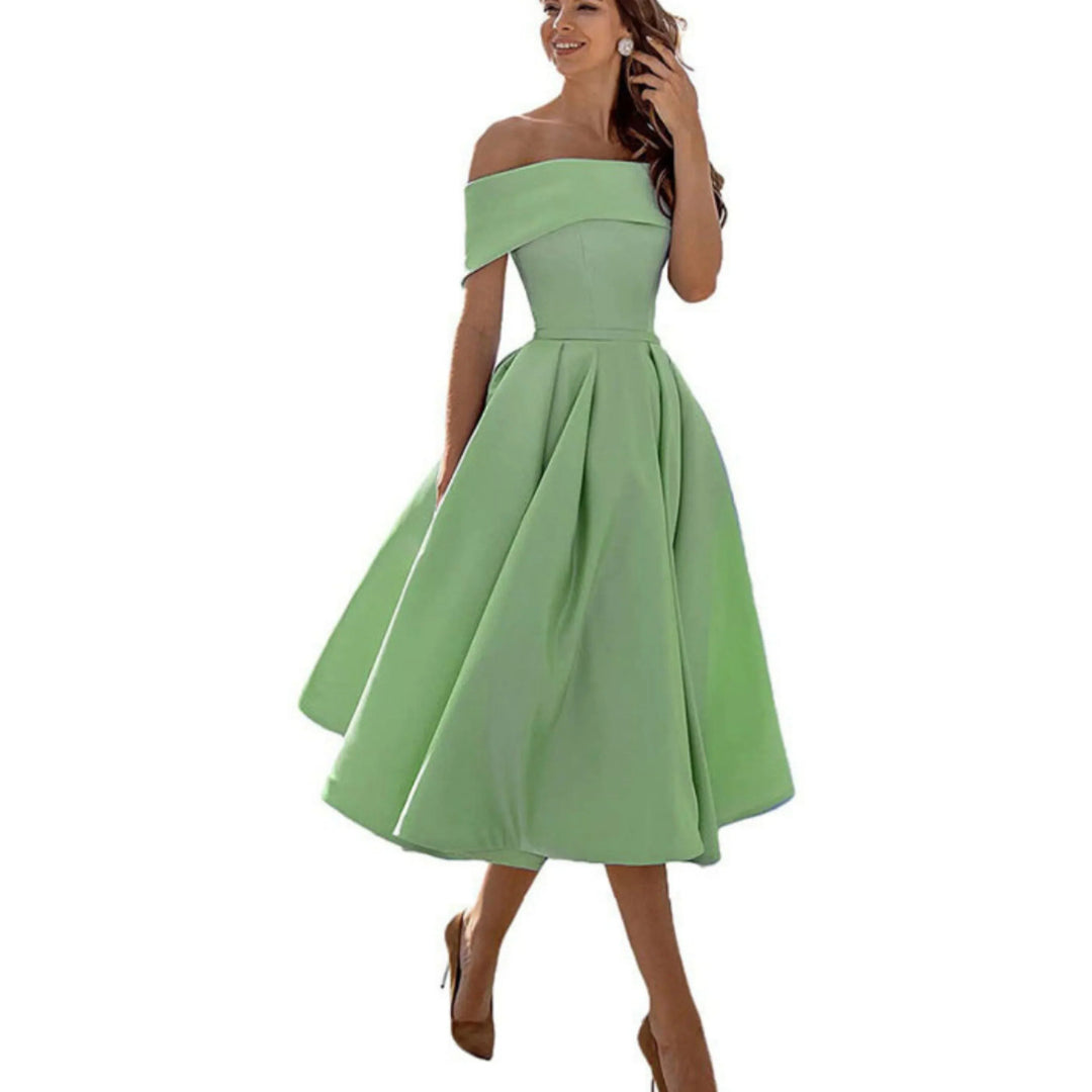 Anissa | Elegant Off Shoulder Evening Midi Dress