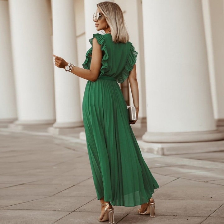 Celine | Wedding Guest Pleated Ruffle Sleeve Maxi Dress