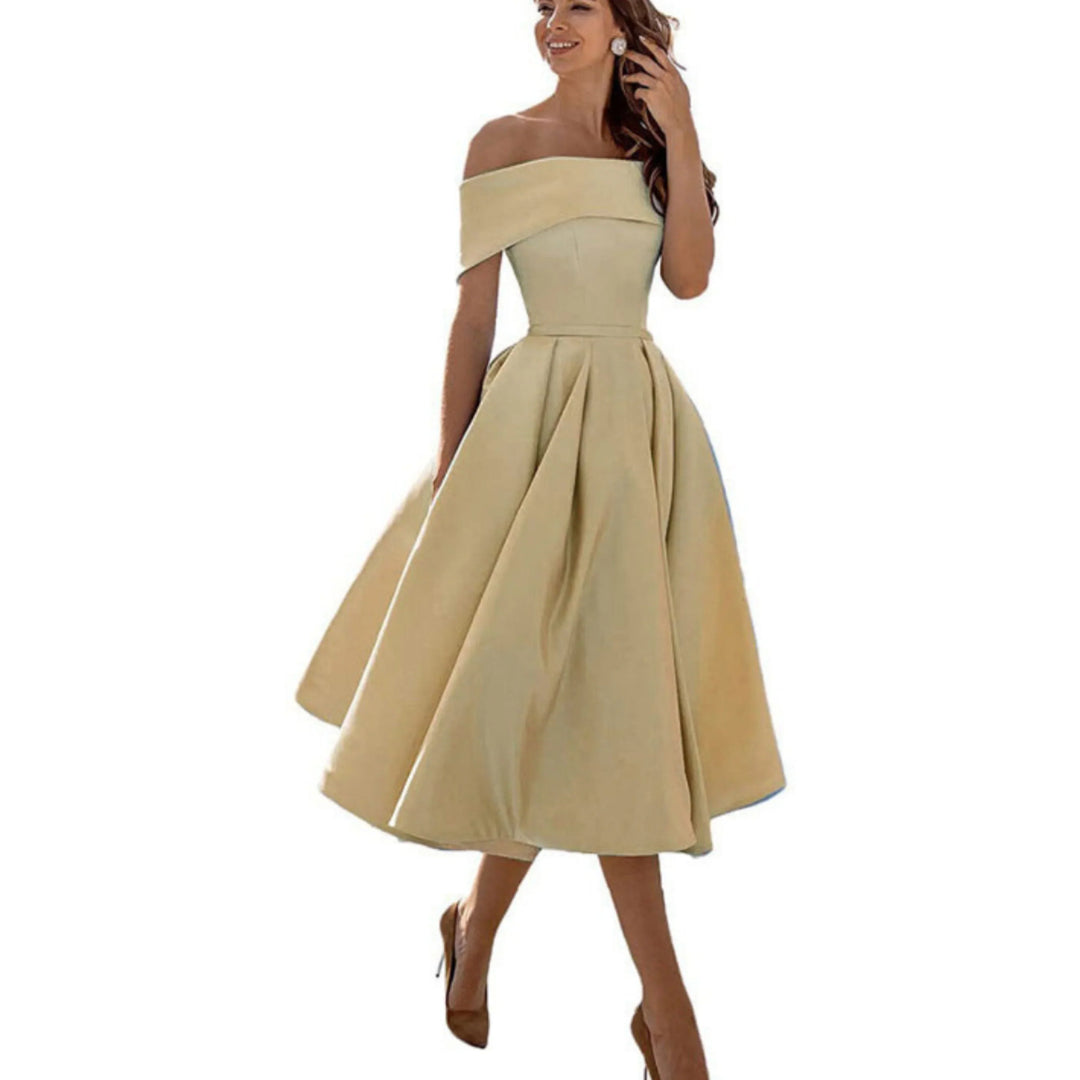 Anissa | Elegant Off Shoulder Evening Midi Dress